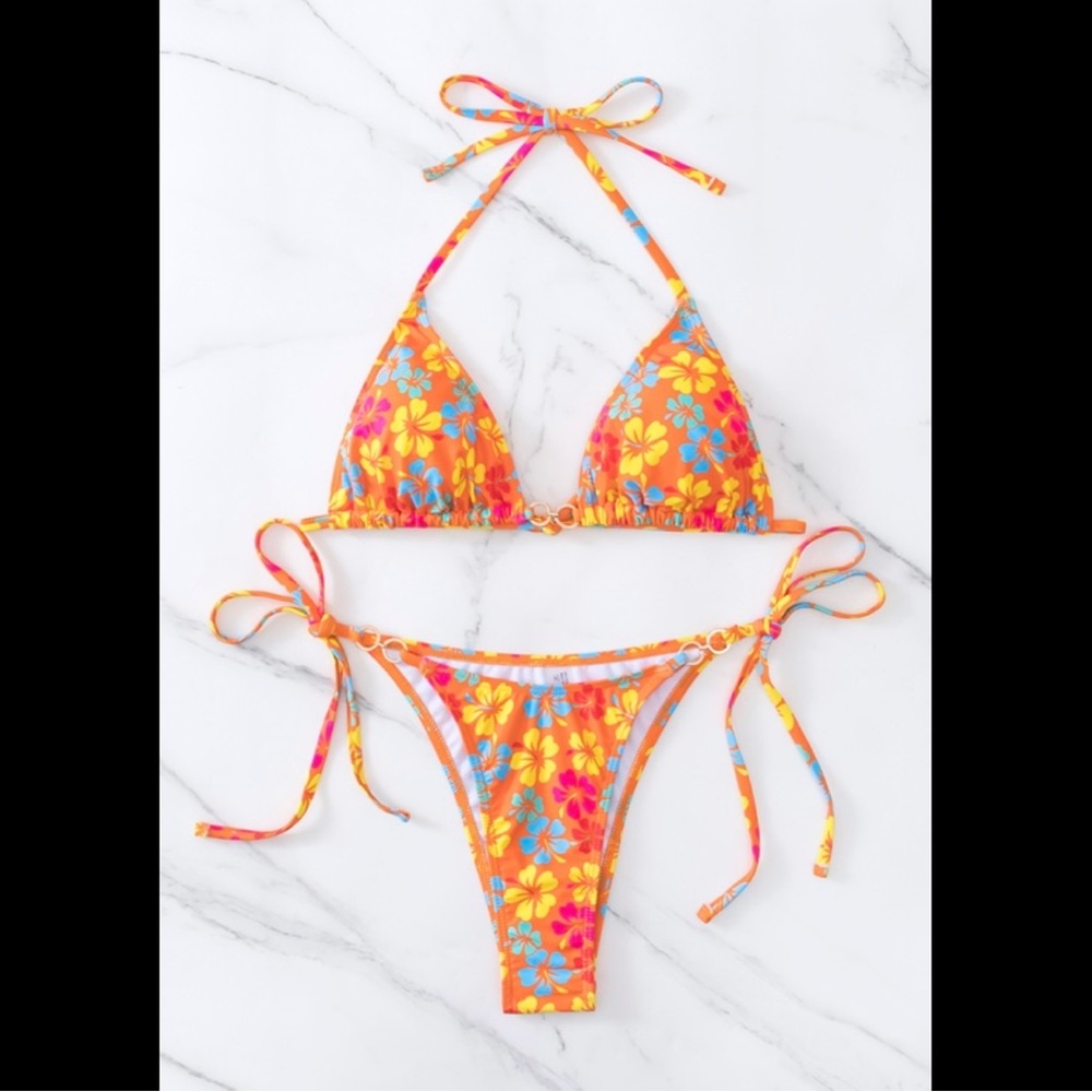 Orange & Multi-Colored, Tropical Floral, Bikini Set